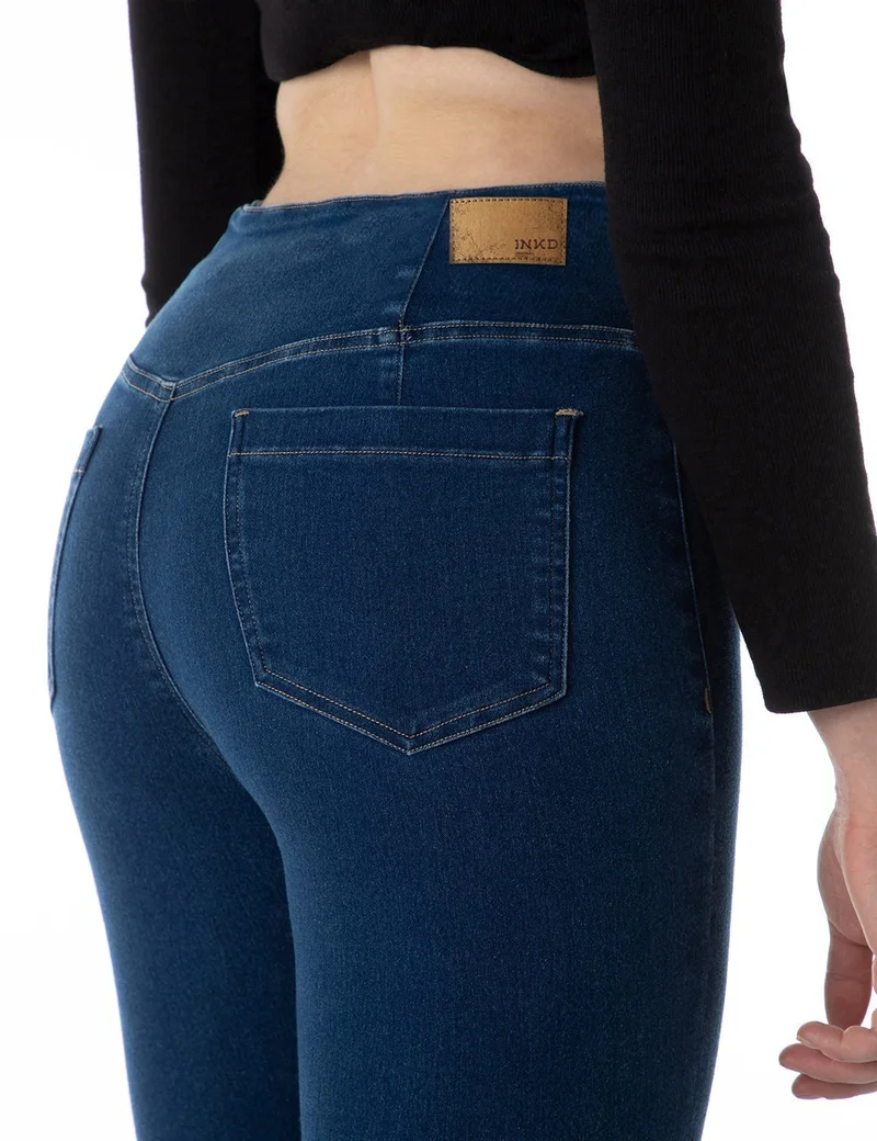 inkd Mid Blue Women's Flared Pull-on Jeans - Mid-Rise| Enzyme Wash | Slant Waistband | Jeans for Women for Women | Best Price UAE